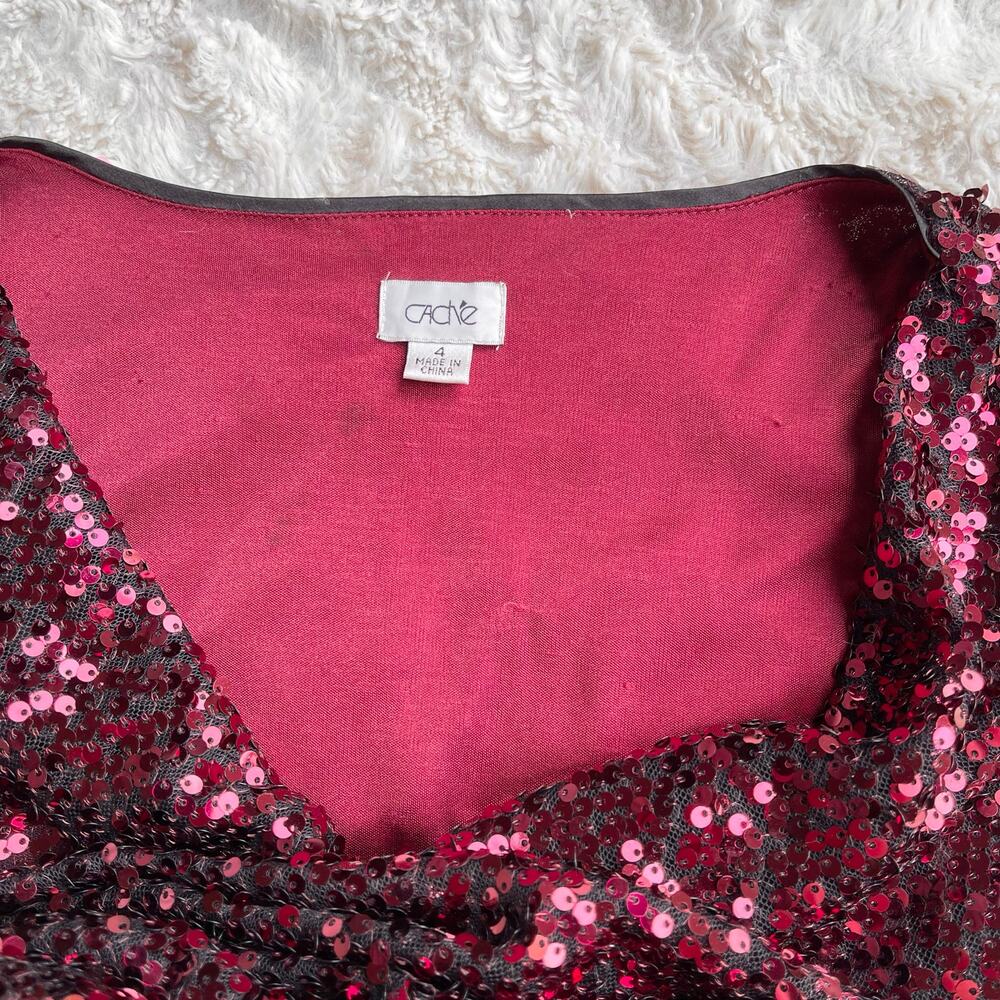 Cache ruby red sequin mini dress cowl neck cocktail evening tie belt formal prom - Picture 7 of 14